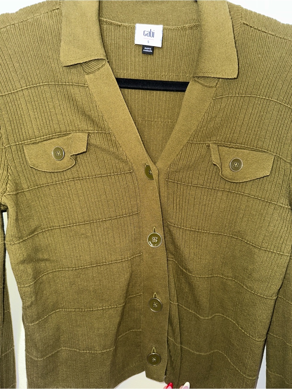 Olive Green Button-Up Ribbed Cardigan - Picture 3 of 6